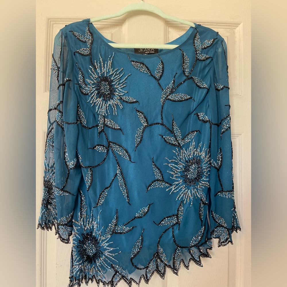 J Kara Teal Beaded Floral Mesh Top